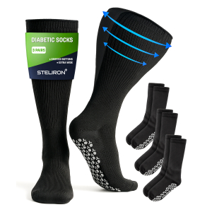 Steliron Wide Grip Socks for Swollen Feet, Non-Slip Diabetic Hospital Socks - 3 Pack